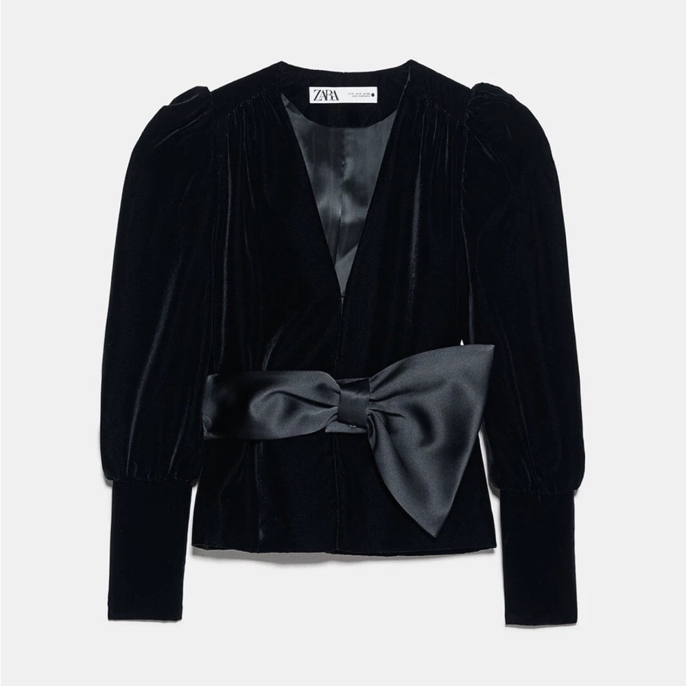 Zara Black Puff Sleeve Tie Front Blouse